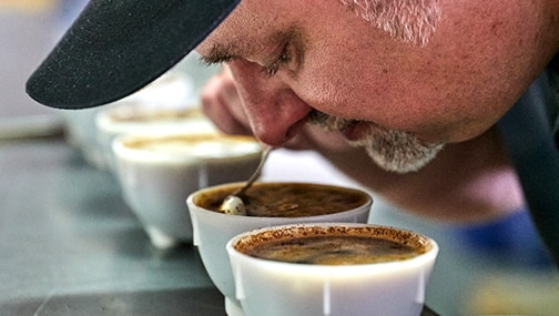 Neuigkeiten_Black-Delight_Head of Roastery João und Quality Manager Alex beim Sample-Cupping, Auswahl neuer Kaffees für das Sortiment.